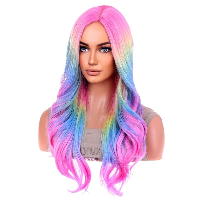 BERON Rainbow Ombre Wigs Long Wavy Wig for Women Colorful Ombre Curly Heat Resistant Synthetic Hair Wigs for Daily Use with Wig Cap