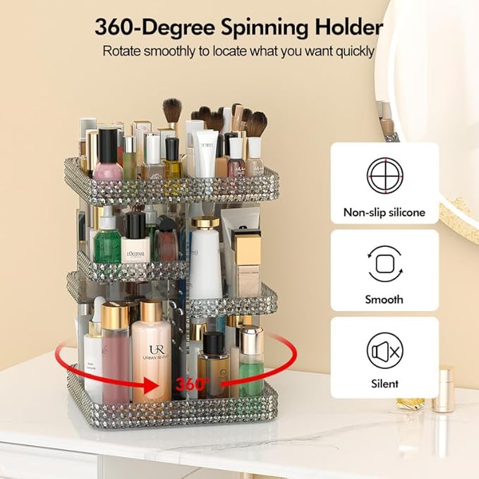 Makeup Organizer 360 Rotating Cosmetic Organizer, DIY Adjustable Makeup Carousel Spinning Holder Rack, Large Capacity Cosmetic Display Cases Vanity Countertop Fits Makeup Brushes Lipsticks (Grey)