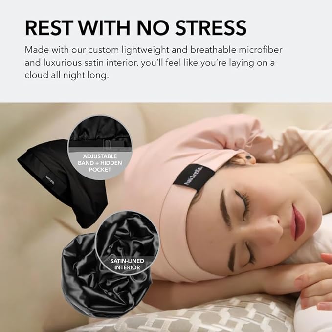 Hairbrella Satin Lined Adjustable Sleep Cap - Sleeping Caps for Women to Protect Hair, Satin Band Edge, Silk Bonnet