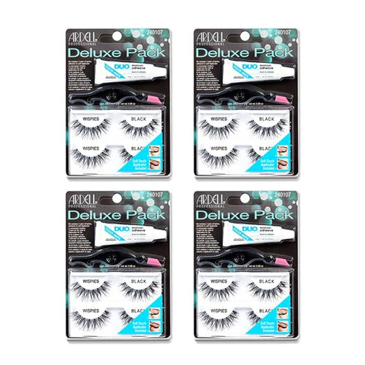 Ardell False Eyelashes Deluxe Pack Kit Wispies - Black, Includes Lash Adhesive and Applicator, Natural-Looking Volume Lashes, 4 Pack