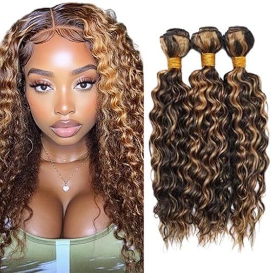Ombre Bundles Highlight P1B/27 Deep Curly Human Hair Bundles Two Tone Black Mixed With #27 Blonde Curly Bundles Brazilian Human Hair Weave Wet and Wavy for Black Women 18 20 22 Inch