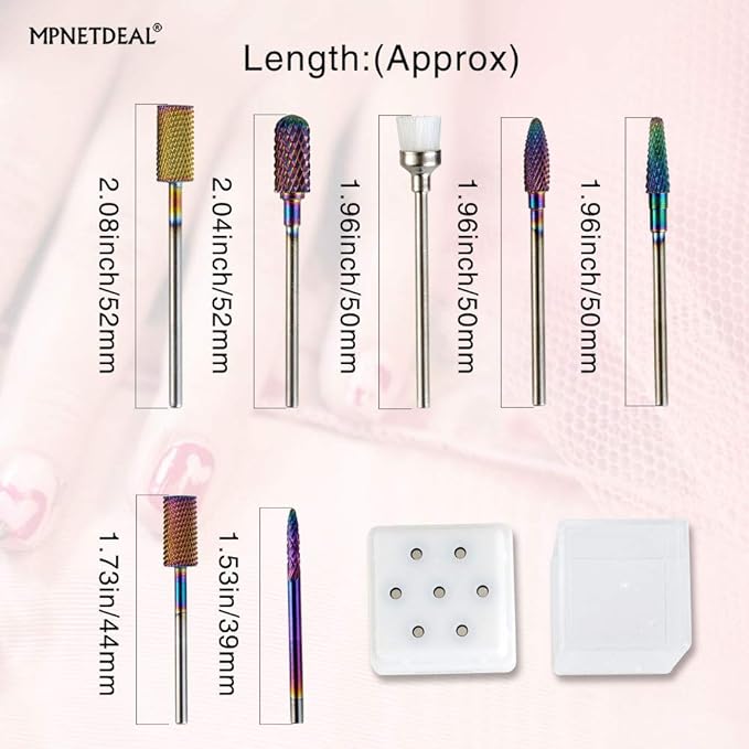 Tungsten Carbide Nail Drill Bits Set 7Pcs, Durable Less Dust, 3/32 inch for Acrylic Gel Nails Cuticle Manicure, Professional Acrylic Nail File Drill Bit