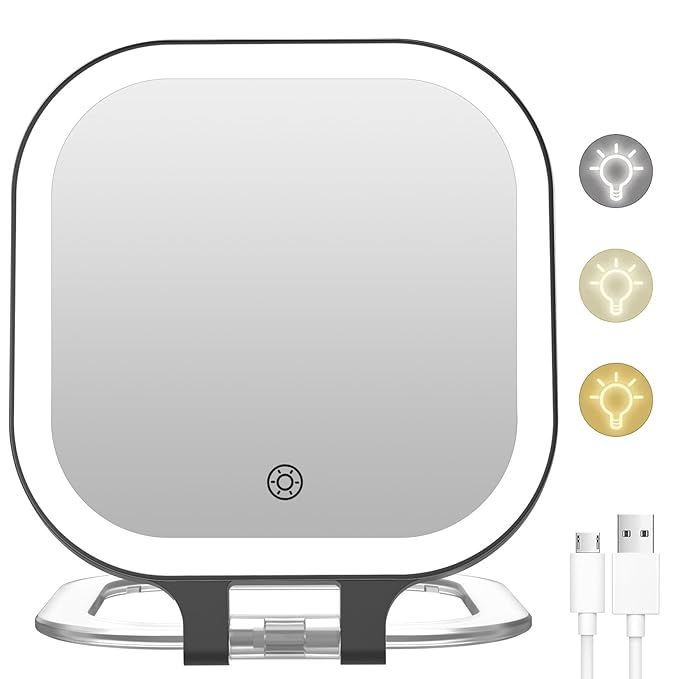 FASCINATE 10X Magnification Rechargeable Travel Makeup Mirror, Lighted Portable Vanity Mirror with 3 Colors Lighting & Stepless Dimming, Double Sided LED Mirror, Gift for Women (Black)