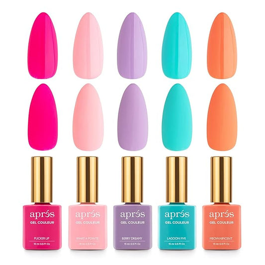 Apres Gel Couleur Combo Set, 5 Color Gel Nail Polish, Bright Nude Pastel Colors with Brush-X Nail Art Brush, 2024 Edition (Set 19)