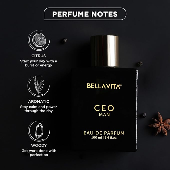 BellaVita Luxury CEO Man Perfume for Men (3.38 fl.oz) | Long-Lasting Men's Perfume with Lemon, Lavender, Tonka & Agarwood Fragrance for Man | CEO Parfum for Men | Vegan & Cruelty-Free Fragrance