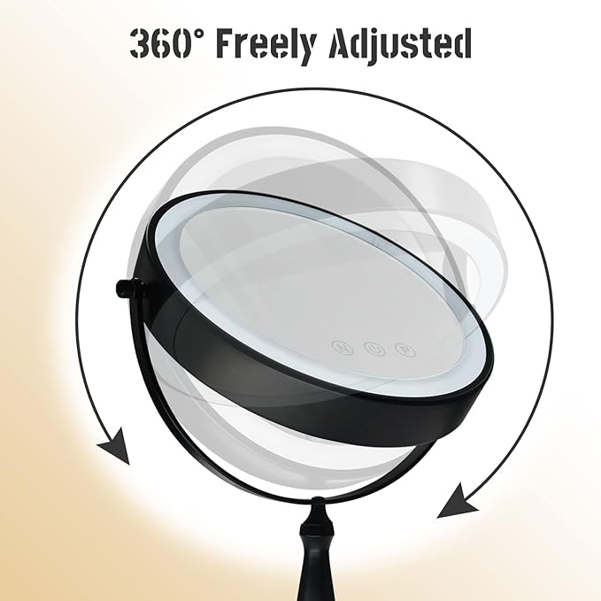 9 "Large Light Makeup Mirror, 1x / 10x True HD Magnifying Mirror, 3-Color LED Light dimmable, 2 Rechargeable Makeup Mirrors 360° Rotation, Standing Desk Makeup Mirror, Black