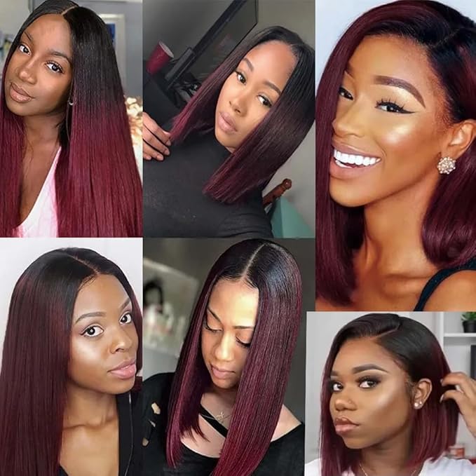 1B99J Straight Bundles Human Hair Two Tone Black and Burgundy Straight Bundles Brazilian Human Hair Weave Soft and Silky for Women 26 28 30 Inch