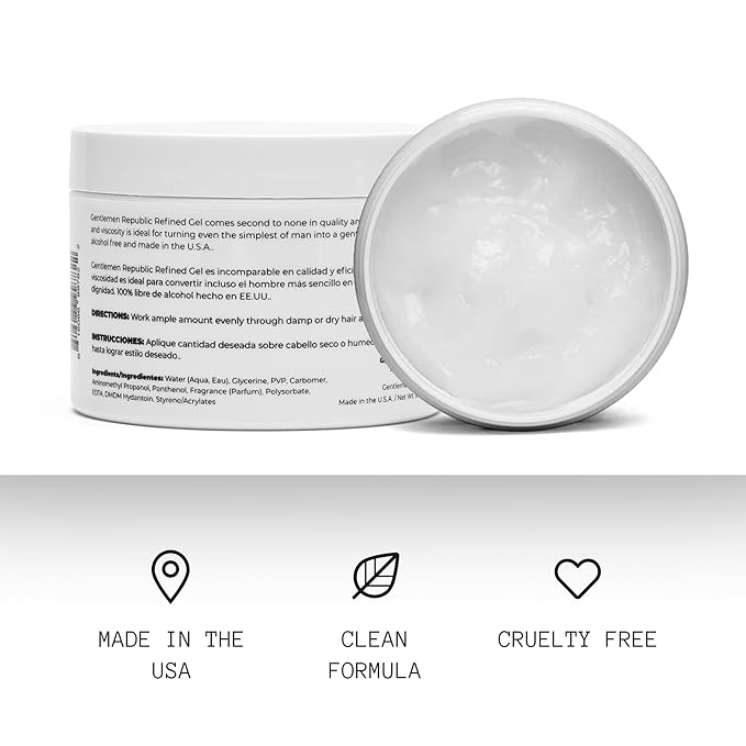 Gentlemen Republic 8oz Refined Hair Gel - Professional Formula for 24 Hour Shine and Hold, Humidity Resistant, 100% Alcohol-Free and Never Flakes, Made in the USA