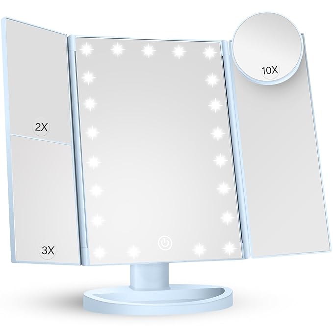 HUONUL Makeup Mirror Vanity with Lights, 2X 3X 10X Magnification, Lighted Mirror, Touch Control, Trifold Dual Power Supply, Portable LED Women Gift (Blue)