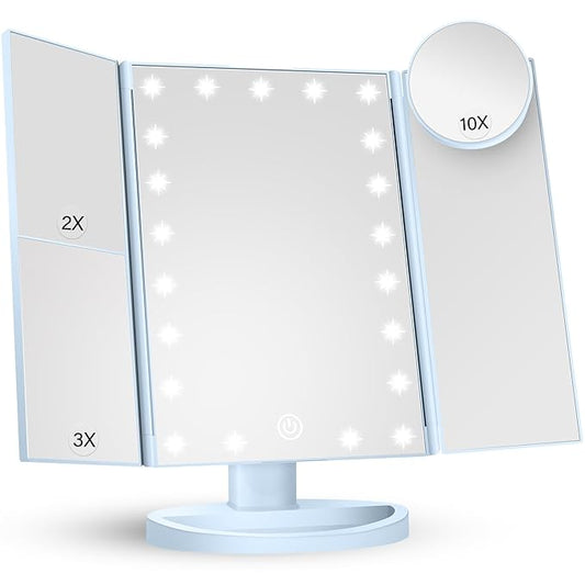 HUONUL Makeup Mirror Vanity with Lights, 2X 3X 10X Magnification, Lighted Mirror, Touch Control, Trifold Dual Power Supply, Portable LED Women Gift (Blue)