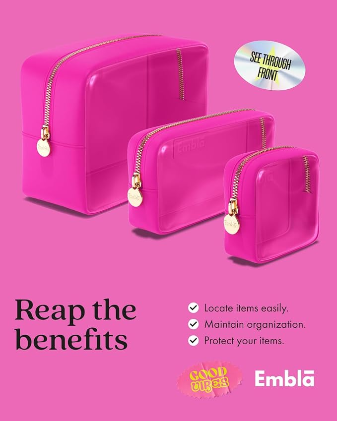 Clear Cosmetic Bags Set of 3, Mini Small Large Makeup Bags For Women Clear Pouch Cosmetics Cases Zipper Cute Pouches Make Up Travel Toiletry Essentials Preppy Purse Organizer Makeup Cases, Fuchsia