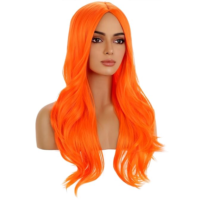 BERON Orange Long Wig for Women Girls Curly Wavy Hair Wigs 28" Halloween Cosplay Party Heat Resistant Synthetic Fiber Wigs
