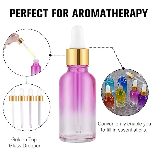 Eye Dropper Bottle 2 oz (63 Pack Rainbow Glass Bottles 60ml with Golden Caps, 2 Extra Eye Droppers, 120 Labels, 10 Funnel & Measured Pipettes)