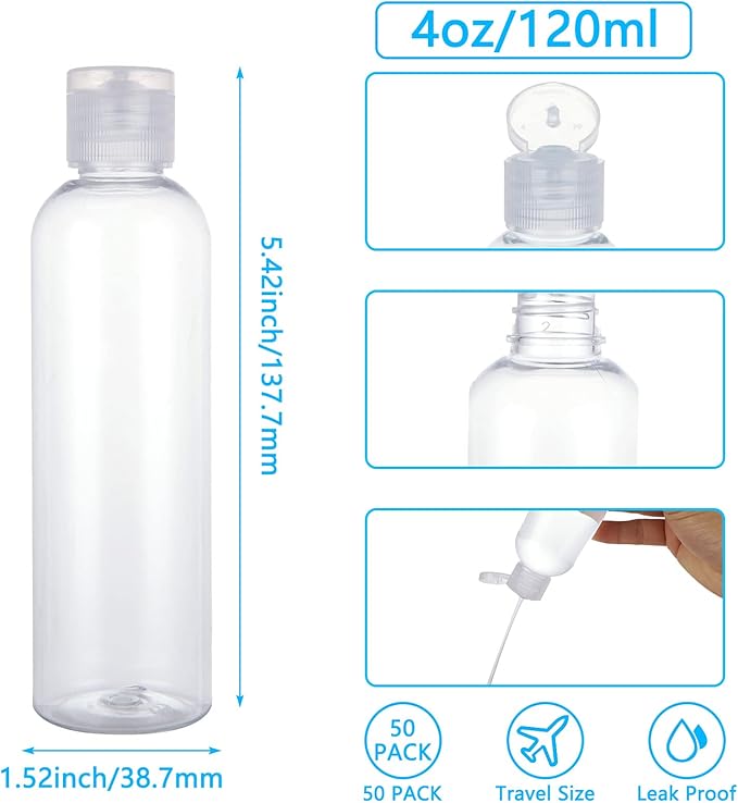 Acrux7 50 Pack 4 oz Plastic Squeeze Bottles With Flip Caps - Clear Refillable Containers for Lotions, Toiletries, Shampoo, Liquid, Creams - Leak Proof Travel Size