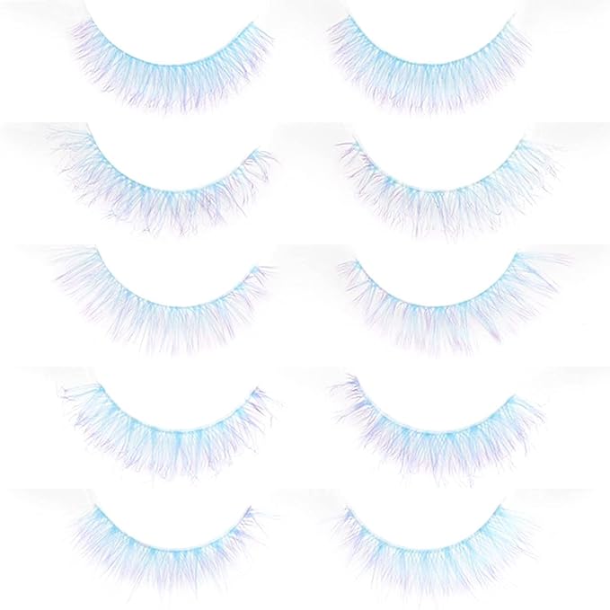 Sunniess Ombre Afro-Curl Colored Lashes Silk Protein Fluffy Wispy Volume Fake Short Lashes with Color for Daliy Halloweens Cosplay Party Stage Blue Purple Lashes Make up False Eyelashes 5 Pairs