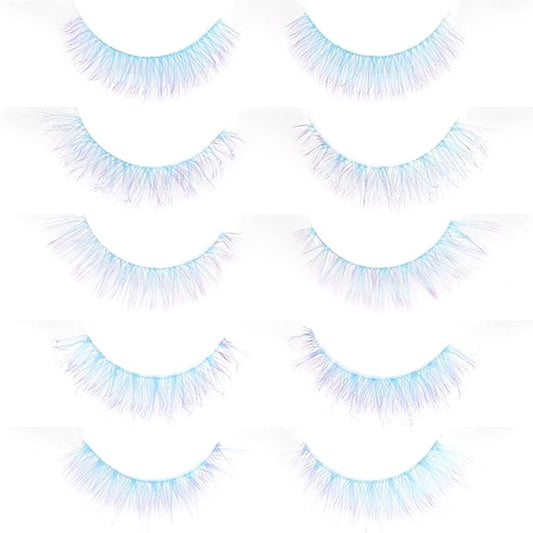 Sunniess Ombre Afro-Curl Colored Lashes Silk Protein Fluffy Wispy Volume Fake Short Lashes with Color for Daliy Halloweens Cosplay Party Stage Blue Purple Lashes Make up False Eyelashes 5 Pairs