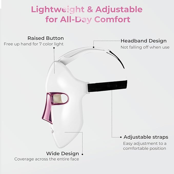 7-1 Colors Red Light Mask for Face, Cordless Red Light Face Mask for Home Use, Ergonomic Design, Portable and Rechargeable