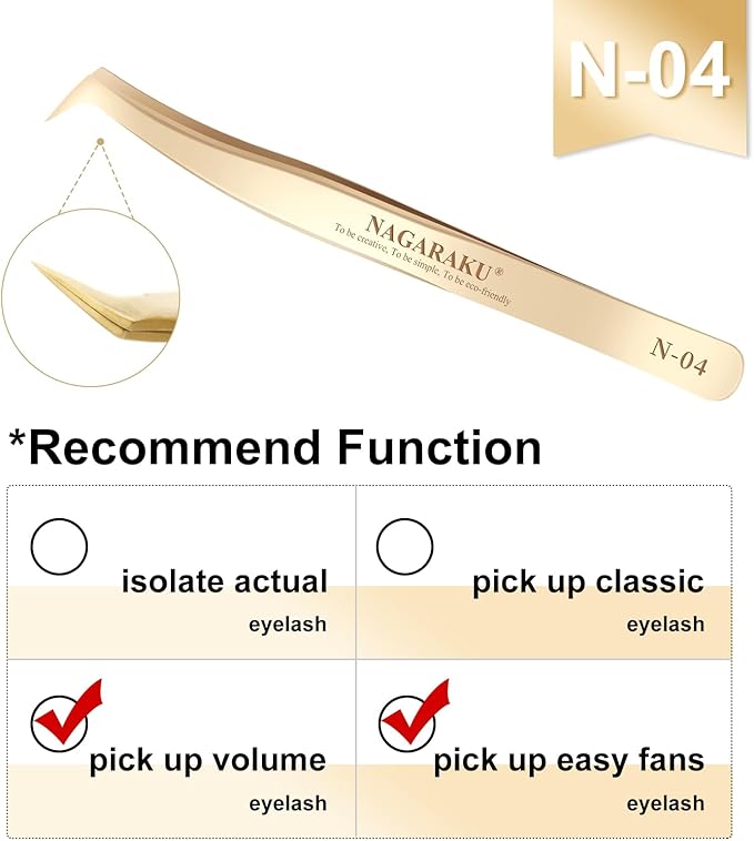 NAGARAKU Tweezers for Eyelash Extensions Gold Curved Angled Volume Cluster Eyelashes easy Fanning Premade Fans Tweezers Stainless Steel Precision Light （N-04）