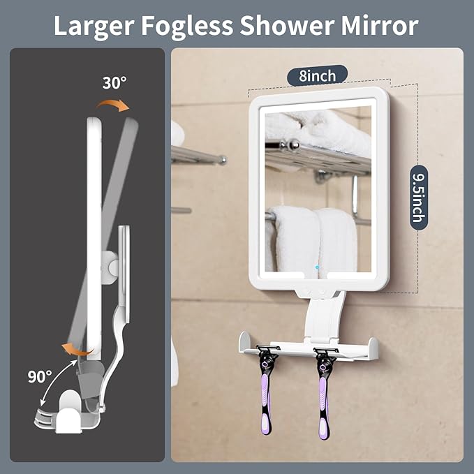 9.2 * 8inch Heated Shower Mirror Fogless for Shaving with Lights, 3 Color Dimmable Lighting Shower Mirror Anti-Fog Shower Shaving Mirror, Wall-Mounted Bathroom Accessories
