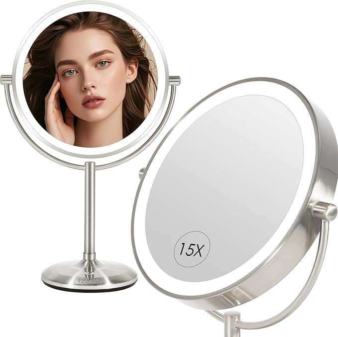 VESAUR 15X Magnifying Mirror with Light, 9" Large 5000mAh Rechargeable Double Sided HD Lighted Makeup Mirror with 3 Touch Dimmable Light, 360° Swivel Detachable for Travel Vanity Mirror Nickel, Gifts