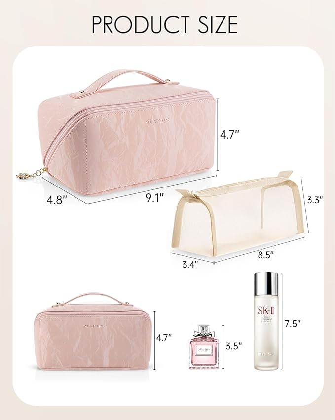 Vlando Makeup Bag,Travel Makeup Bag Waterproof Portable Cosmetic Bag PU Leather Open Flat Make up Organizer for Toiletries,Christmas Gifts Birthday Gifts for Women Girls Travelers(Sand Pink)