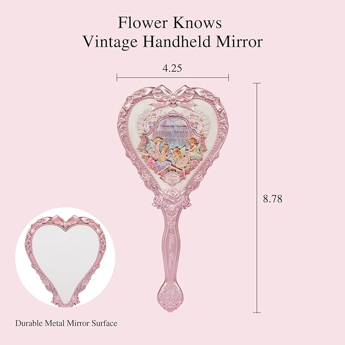 Flower Knows Midsummer Fairytales Hand Mirror,Portable Vintage Handheld Mirror,Durable Metal Mirror,Cute & Aesthetic Princess Mirror,with Long Handle for Easy Holding,Gift for Girls(White Vanilla)
