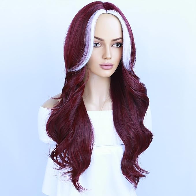 BERON Burgundy Wigs Long Wavy Wig for Women Curly Wine Red Heat Resistant Synthetic Hair Wigs for Cosplay Party Daily or Use