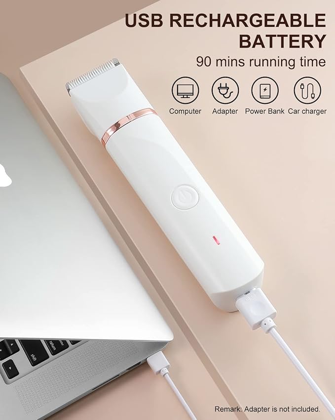 Bikini Trimmer for Women - 2 in 1 Electric Ceramic Blades Pubic Hair Trimmer,for Underarm Leg Arm Body face,USB IPX7 Waterproof Wet/Dry Shaver Groomer with 2 Trimmer Heads,White