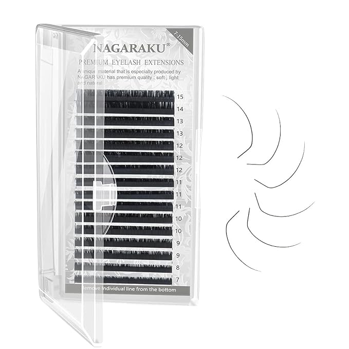 NAGARAKU Eyelash Extensions Individual Lashes 0.07 LC curl 7-15mm Mix Classic Faux Mink 16 rows Matte Black Soft Natural