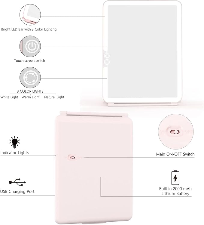 WEILY Makeup Mirror with Lights, 2000 mAh USB Rechargeable Lighted Makeup Mirror, Touch Screen 3 Colors Adjustable 72 LED Lights Compact Travel Mirror, Gift for Girls Women (Pink)