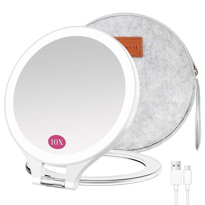 FASCINATE Magnifying Mirror with Light 10X/1X, Double Sided Travel Mirror with Light, Rechargeable Makeup Mirror with 3 Color Setting Adjustable Stand Lighted Mirror Vanity Portable Desk Cosmetic