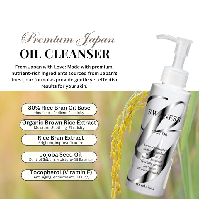 SWANESS Clear Oil – Japanese Premium Oil Cleanser with Rice Power | Anti-Aging Makeup Remover & Deep Pore Cleanser | Removes Waterproof Mascara & Sunscreen for Radiant Skin