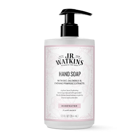 J R Watkins Moisturizing Gel Hand Soap, Rosewater, Plant Based Ingredients, 12 oz Pump