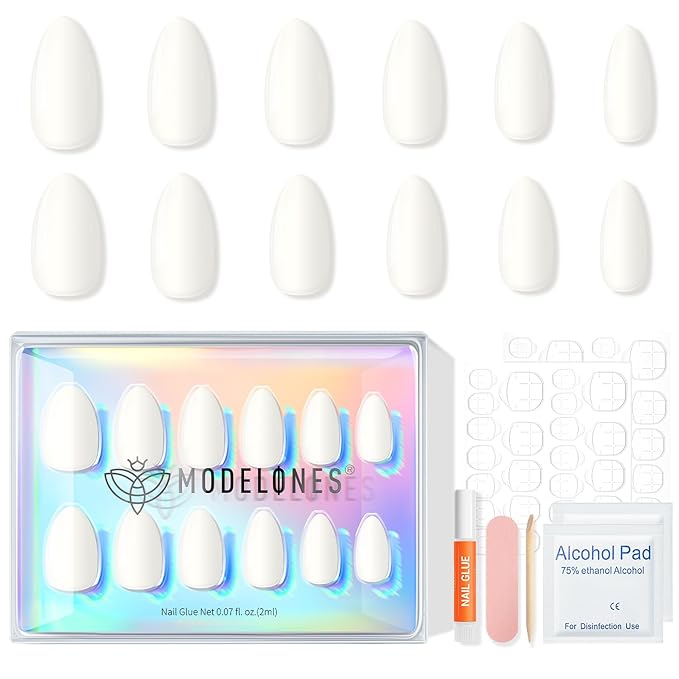Modelones Milky White Press on Nails Almond, Short Almond Fake Nails, Reusable Nail Kit with Nail Glue Adhesive Tabs Mini Nail File, Nails Press Ons 32Pcs 16 Sizes, Women Girl Gift