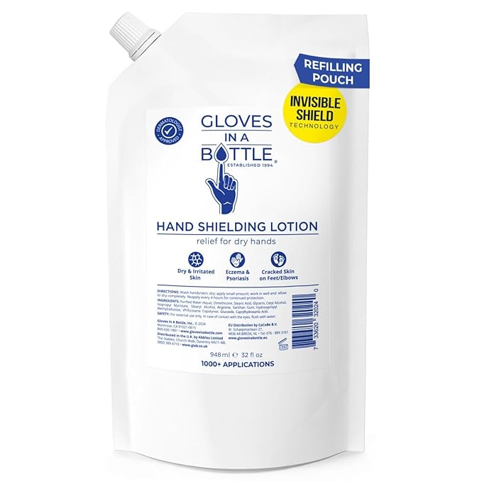 Gloves In A Bottle 32 oz Refill Pouch – Unscented Shielding Lotion | Fast Relief for Dry, Cracked Skin & Eczema | Non-Toxic, Hypoallergenic, Fragrance-Free Hand & Body Moisturizer – Bulk Size