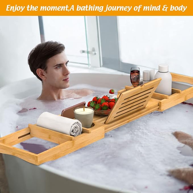 Bamboo Bathtub Tray for Luxury Bathroom, Expandable Premium Bath Tray w/Soap Towel Book Holder, Adjustable Bath Accessories for Tub,Extendable Tub Tray w/Wine Glass Cup Organizer 29.5"-43.3" Nature