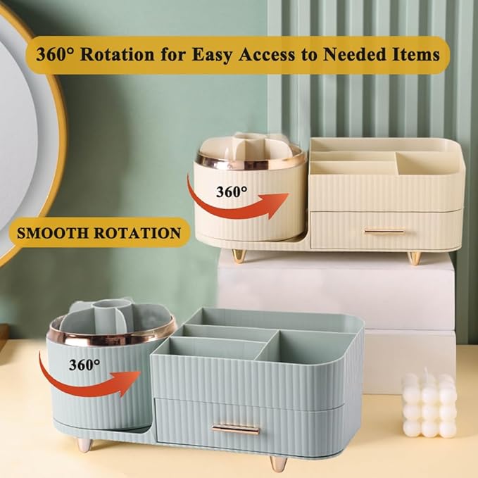 Makeup Organizer Countertop with Drawer 360 Rotating Brush Holder Storage Large Capacity Skincare Cosmetic Display Cases for Vanity Bathroom Desktop, Model 3016 Cream