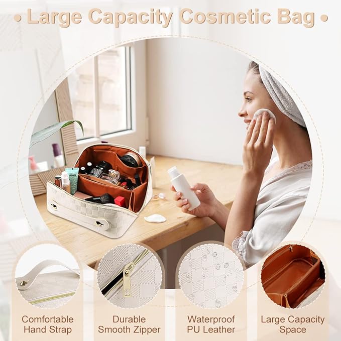 Cessfle Large Capacity Travel Cosmetic Bag Plaid Checkered Makeup Bag Portable Leather Waterproof Skincare Bag with Handle and Divider for Women 01-White