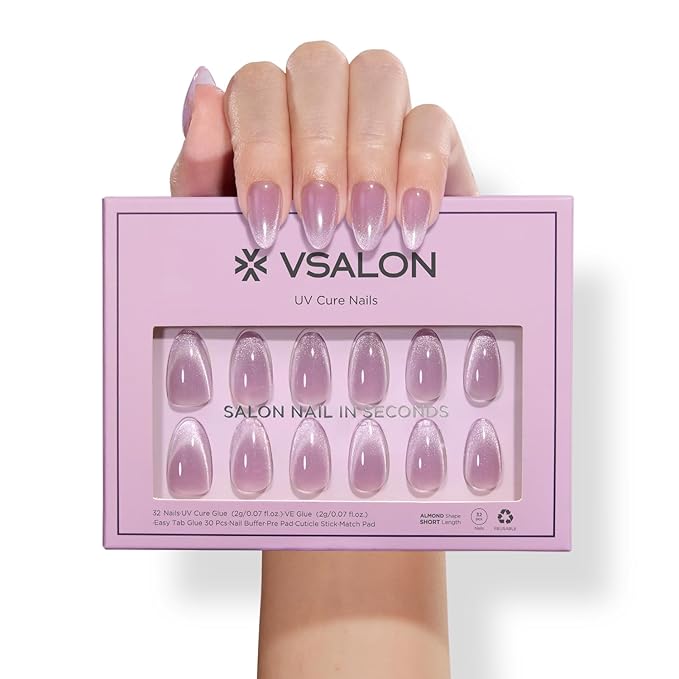 VSALON Press On Nails Short Almond Purple Cat Eye Fake Nails with Extra UV Glue Kit, 28-Days Salon-Strong No Pop-Off, Reusable Semi-transparent Fake Nails - 32 PCS in 16 Sizes (Misty Purple)
