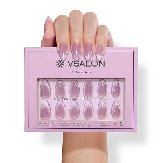VSALON Press On Nails Short Almond Purple Cat Eye Fake Nails with Extra UV Glue Kit, 28-Days Salon-Strong No Pop-Off, Reusable Semi-transparent Fake Nails - 32 PCS in 16 Sizes (Misty Purple)