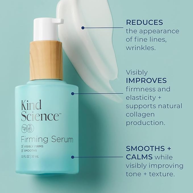 Kind Science Firming Face Serum for Women - Hyaluronic Acid Serum for Face Visibly Smooths Wrinkles - Bakuchiol Retinol Alternative with Peptides - Anti Aging Skin Care for Sensitive Skin, 1 fl oz