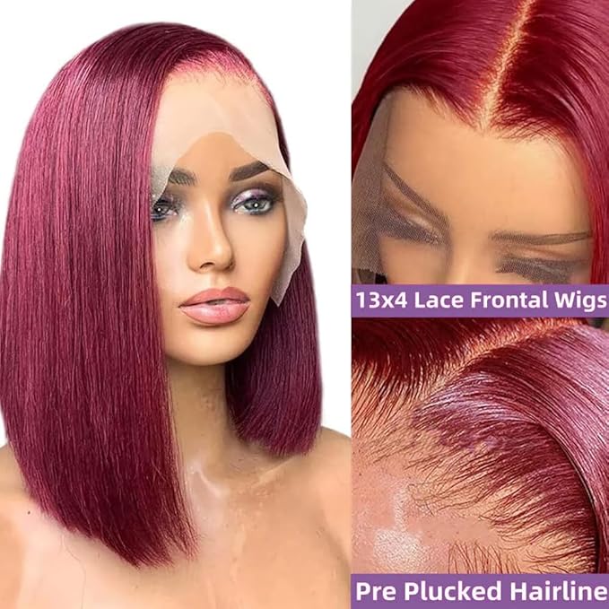 99j Burgundy Bob Wig Human HaIr Wigs 13x4 Lace Front Wigs for Black Women Straight Burgundy Human Hair Pre Plucked 180% Density Transpaent Lace Frontal Wig 99j Short Bob 16 inch