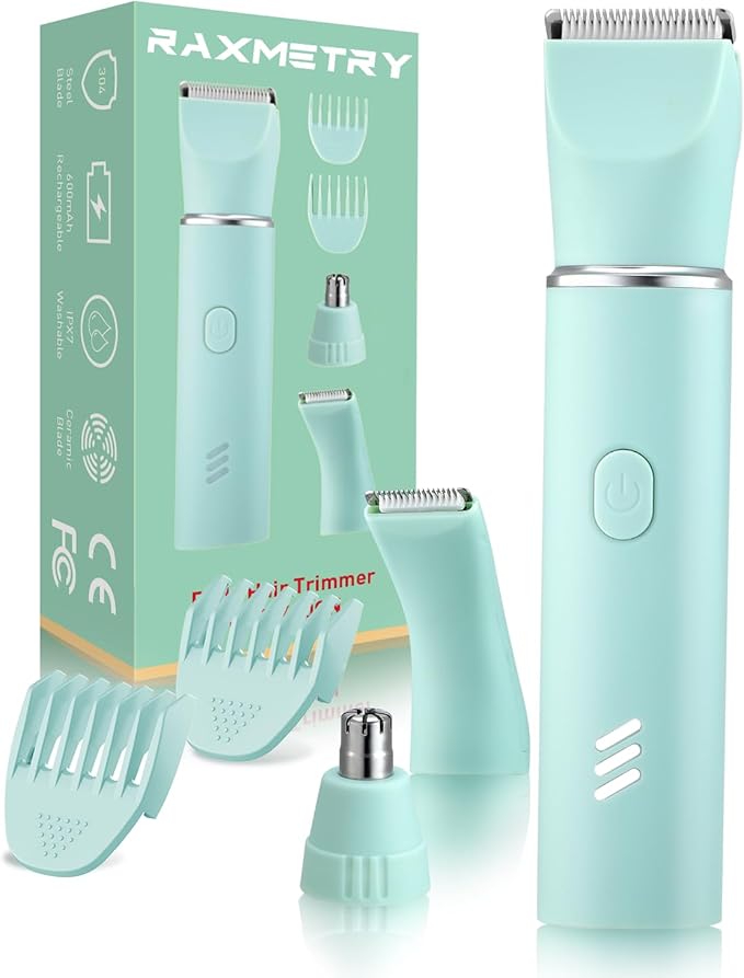 Bikini Trimmer for Women,3-in-1 Painless Electric Razors & Shaver Nose,IPX7 Waterproof,Body Hair Trimmer for Underarm/Pubic/Nose/Legs,USB-C Rechargeable Women's Grooming Kit(Green)