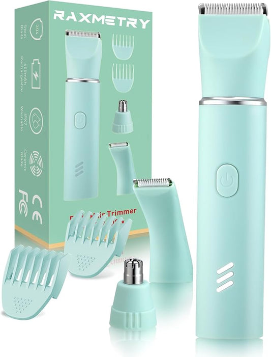 Bikini Trimmer for Women,3-in-1 Painless Electric Razors & Shaver Nose,IPX7 Waterproof,Body Hair Trimmer for Underarm/Pubic/Nose/Legs,USB-C Rechargeable Women's Grooming Kit(Green)