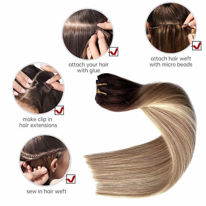 Sew in Hair Extensions Real Human Hair Bundles Ombre Brown Balayage Golden Blonde Weft, 20 Inch, 100G, Hand Tied for Women