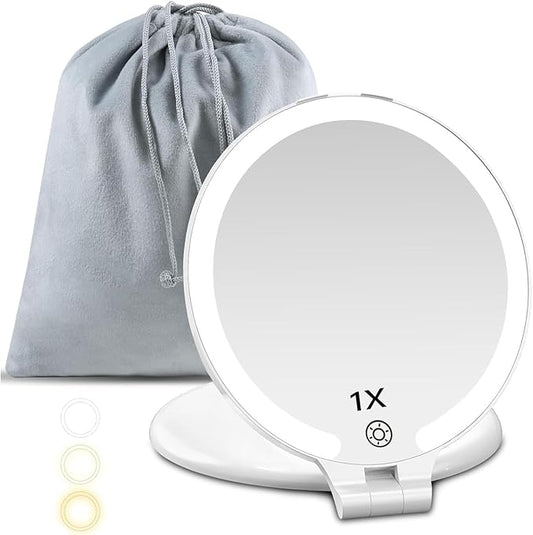 FUNTOUCH Magnifying Mirror with Light, 1X/10X Double Sided Rechargeable Makeup Mirror with 3 Color Setting, Foldable Portable Travel Essential Vanity Mirror with Bundle Pocket