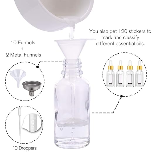 PrettyCare Eye Dropper Bottle 2 oz (63 Pack Clear Glass Bottles 60ml with Golden Caps, 2 Extra Eye Droppers, 120 Labels, 10 Funnel & Measured Pipettes) Empty Tincture Bottles for Essential Oils