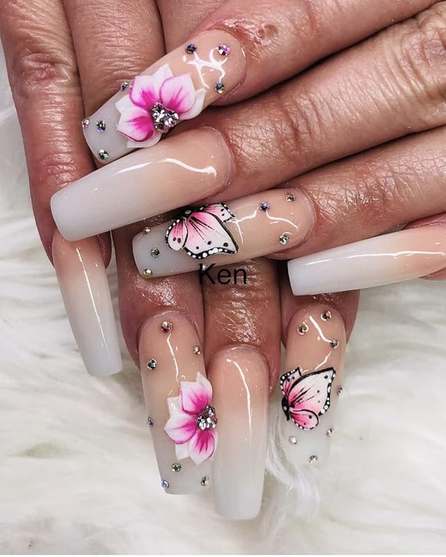 Sett 3D Acrylic Pink Flower Nail Art Charms Handmade by Acrylic Powder - 24pcs 3D Flowers Nails Rhinestones Kit 3D Crystal Nail Pearls Design Acrylic Nail Art for Women (Pink)