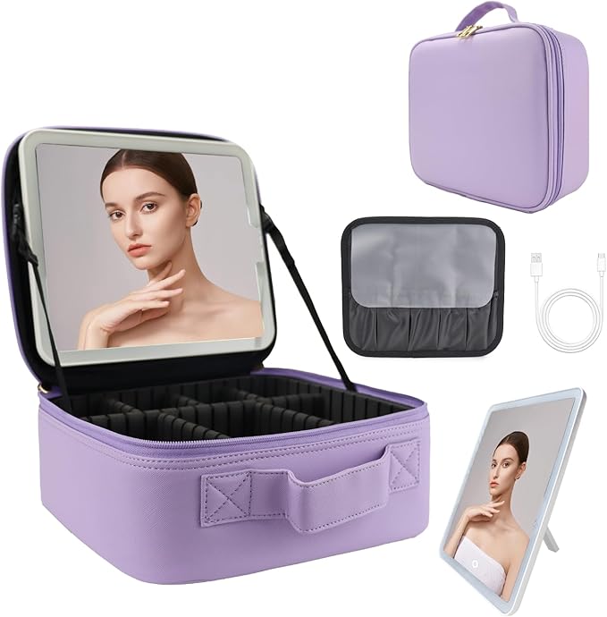 Travel Makeup Bag with LED Lighted Mirror,Cosmetics Organizer, Makeup Bag with 3 Color Lighted Setting, Portable Storage and Adjustable Dividers Travel Makeup Bag(Purple)