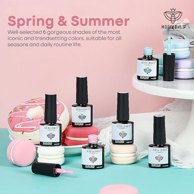 modelones Gel Nail Polish Kit -6 Colors Summer Pink Green White Black Gel Polish Set Soak Off Gel Nail Kit Manicure DIY Nail Art Salon Home Gift